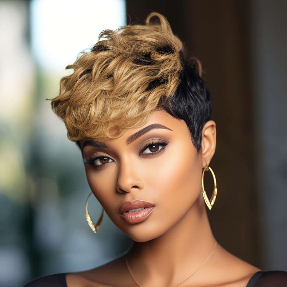 Women's Remy Peruvian Human Hair Wig With Bangs - Layered Short Straight Pixie Cut, Natural Brown Balayage Highlights 1B/30#, Density Full Head