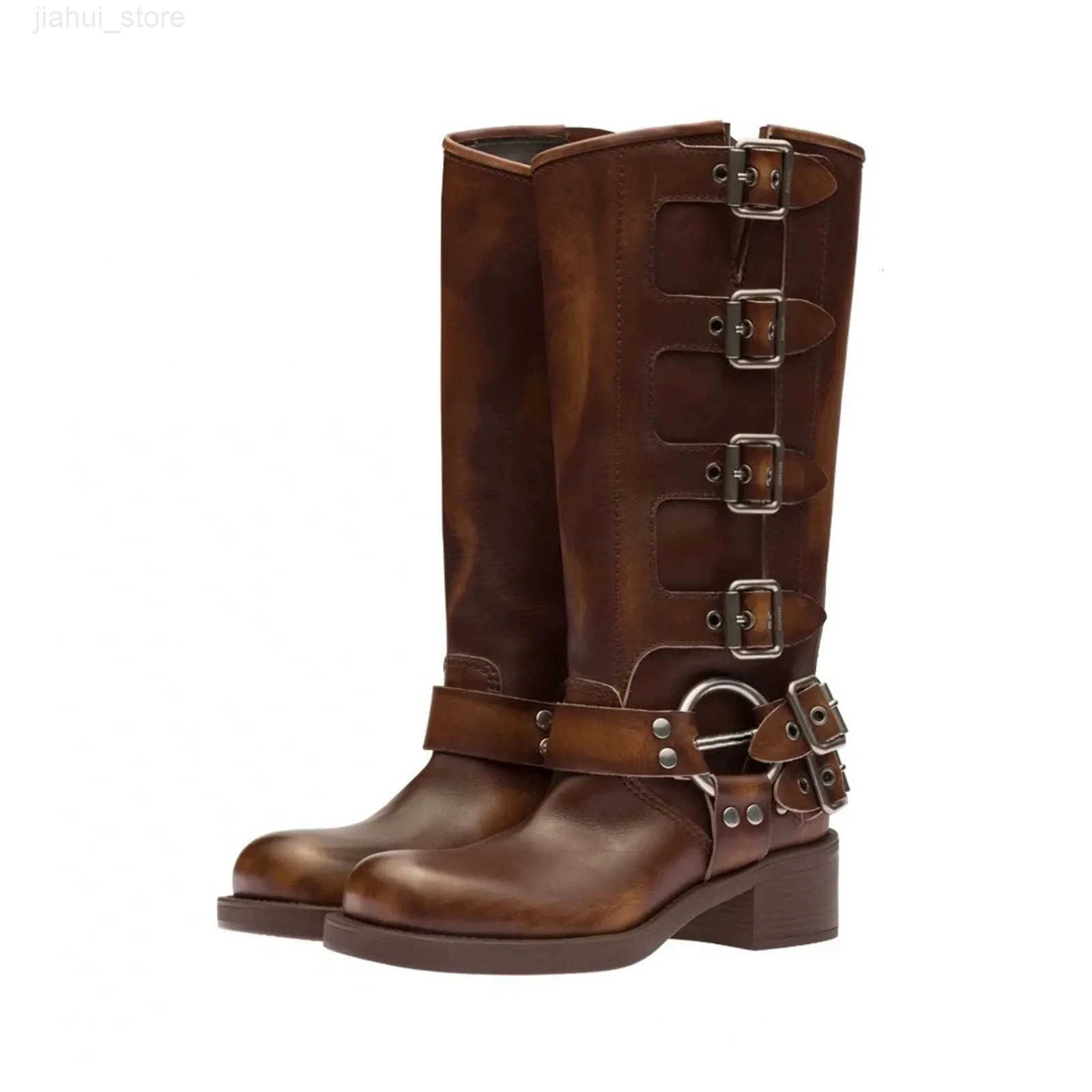 Arden Furtado 2025 Genuine Leather Platform Rivet Motorcycle boots Round toe Belt buckle Block heel mid wide calf Western boots M251027