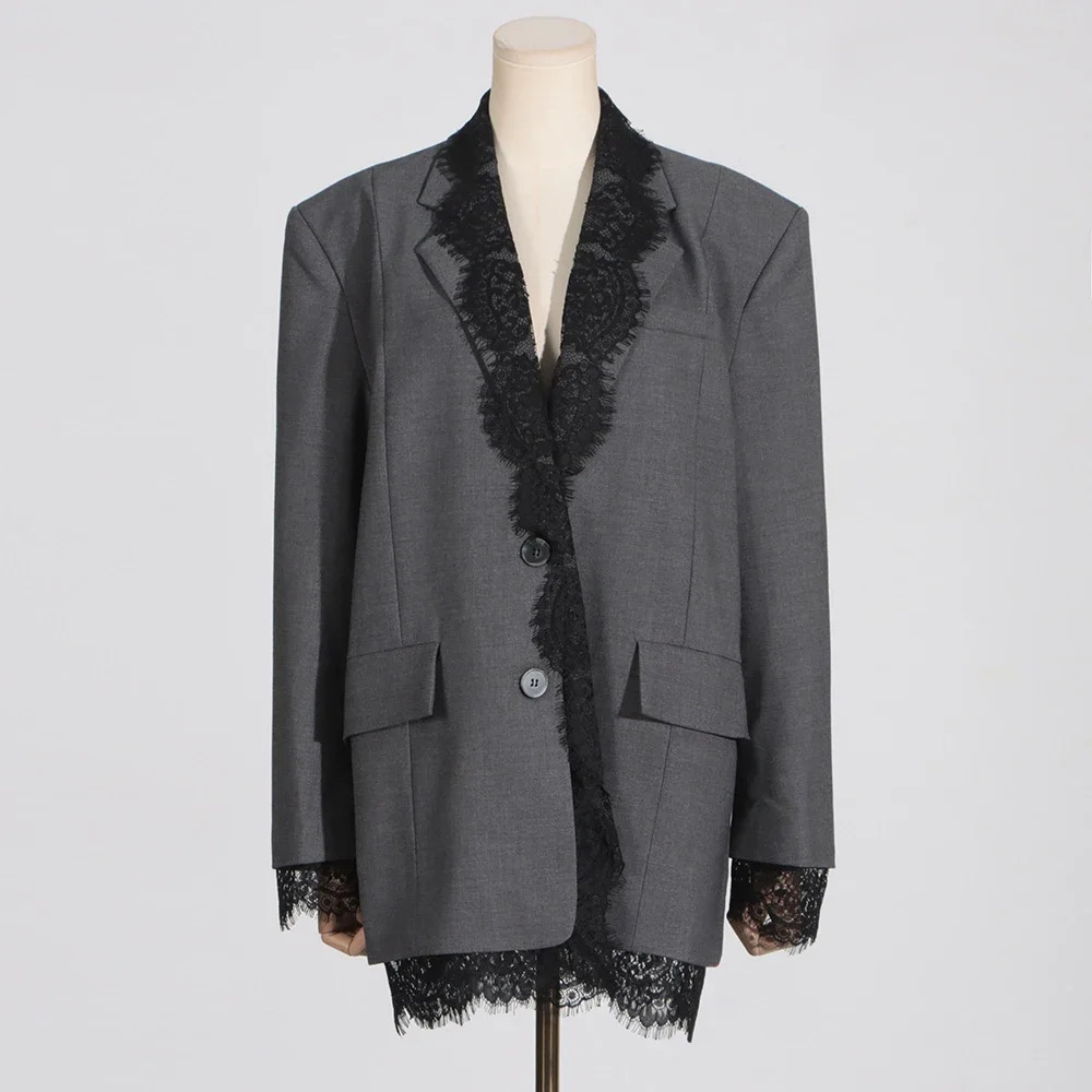 VGH Chic Solid Spliced Lace Edge Blazers for Women Notched Collar Long Sleeve Temperament ner Coats Female Clothes Style 251027