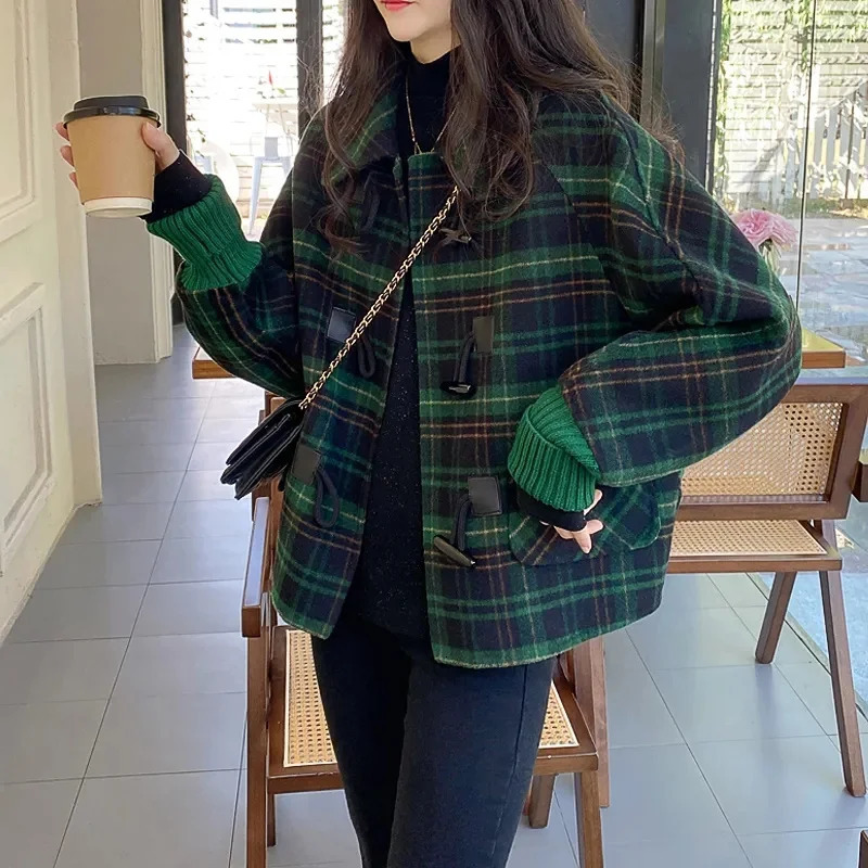 Korean Loose Slim Short Jacket Female Outerwear Lattice Woolen Coat Women Spring Autumn Bat Sleeves Cowhorn Button Wool 251027