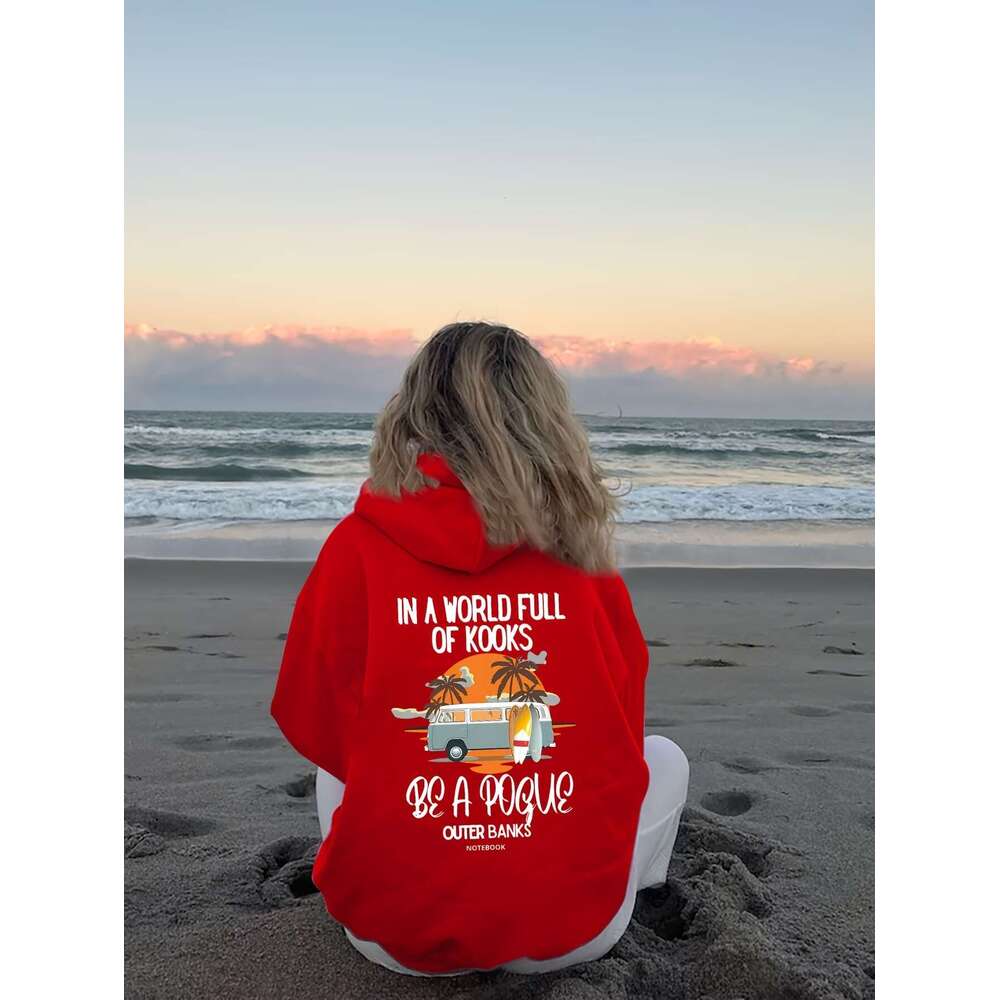 Outer Banks-Inspired Casual Hoodie For Women Alphabet Pattern Print, Personalized Emed Sweatshirt, Polyester Knit Fabric, Hooded, Long Sleeve, Fall/Wi