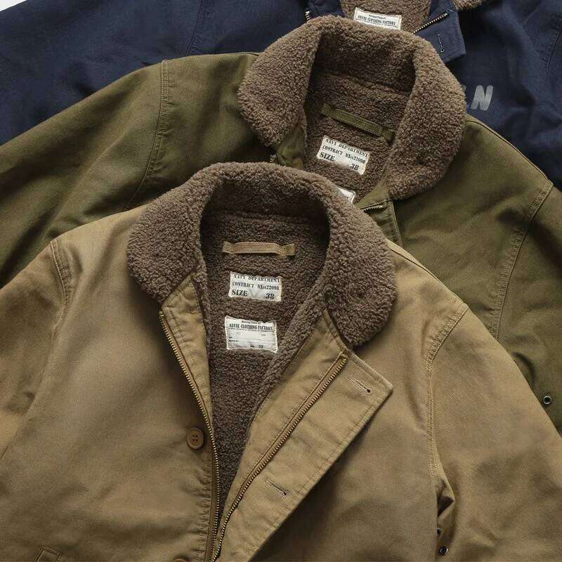100% Cotton JUNGLE CROSS American Vintage Workwear Winter N1 Deck Suit Thick Plush Coat Men's Retro Khaki Lamb Wool Jacket
