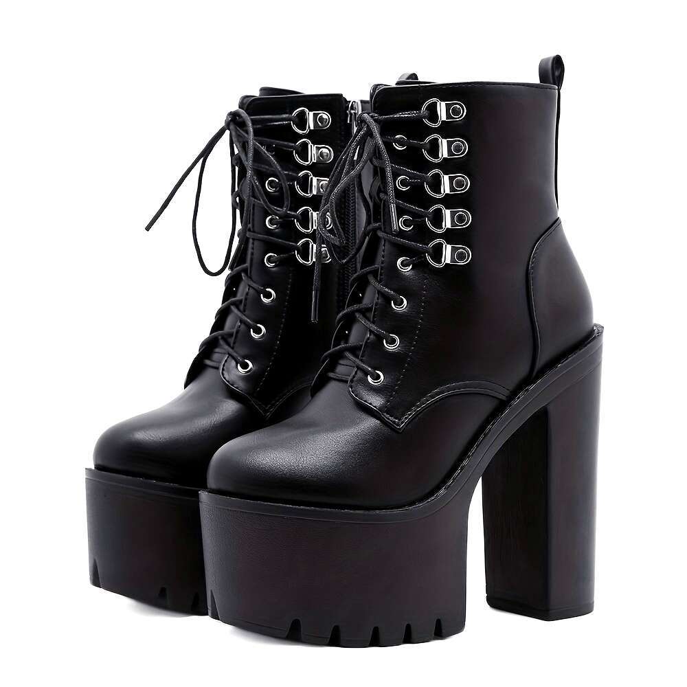 GDGYDH Women's Gothic Platform Chunky Heel Boots, Solid Color, Zipper Closure, Round Toe, Block Heel, All-Season, Dress Motorcycle Boots With Riv