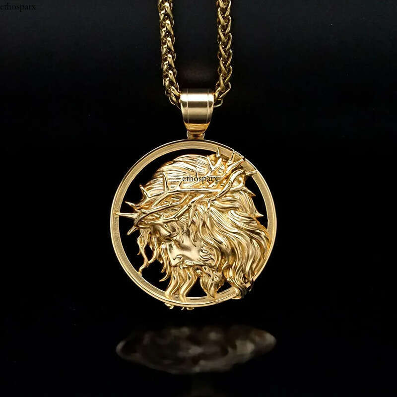 Stainless Steel Jesus Face Pendant Necklace Gold Plated Men Religious Jewelry