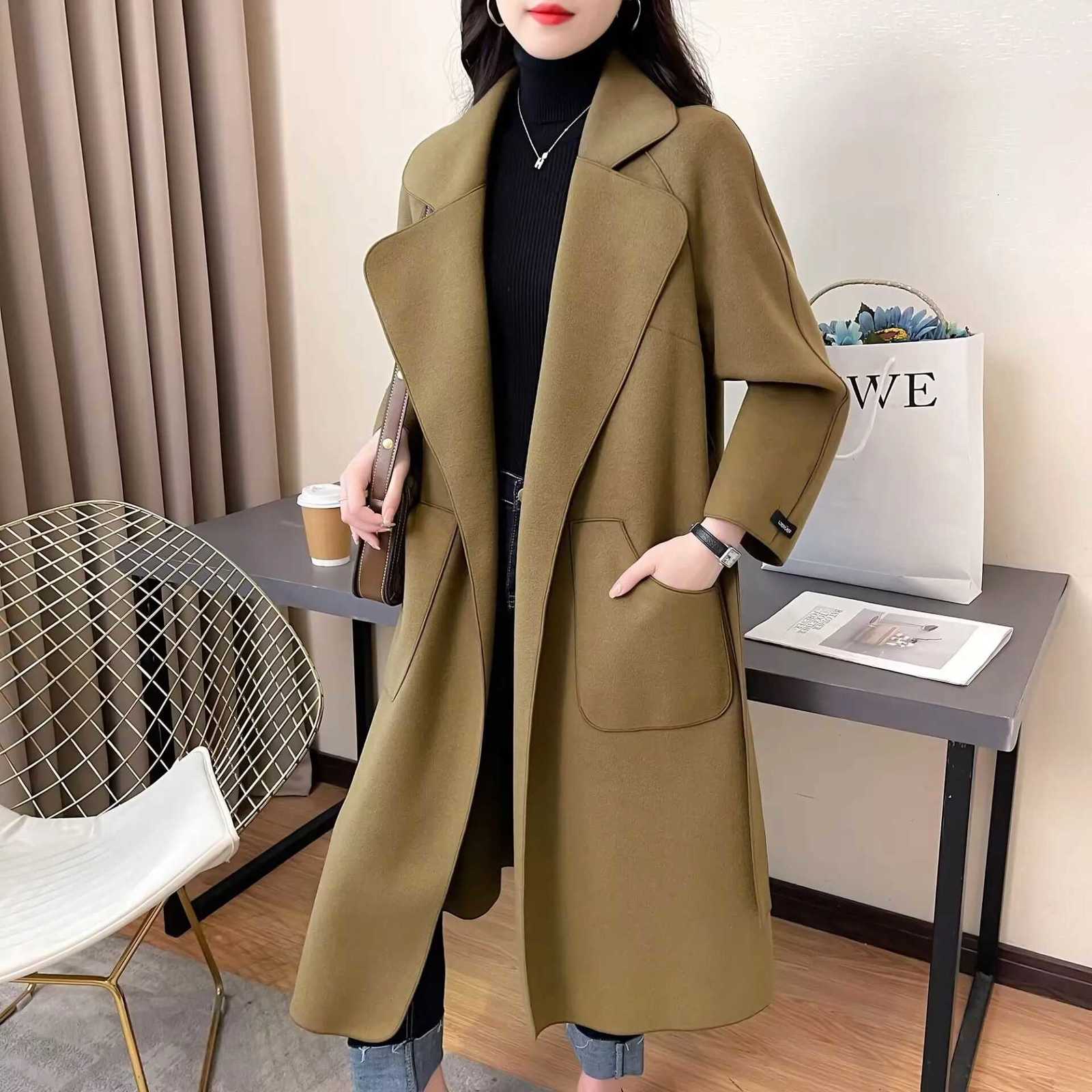 HighQuality DoubleSided Wool Coat Cashmere Jacket LaceUp Autumn Winter Long Slim Fashion Trench Coat Female Outwear 2025 Ne M251027