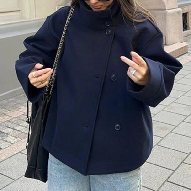 Stand Collar Women Winter Woolen Coats Spring Single Breasted Loose Female Long Sleeve Jacket Office Lady Street Short Coat 251027