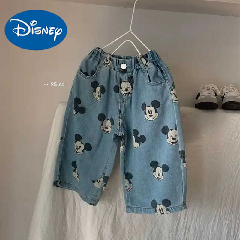 Disney 2025 Summer New Childrens Jeans Baby Boys Girl Cartoon Mickey Mouse Printed Denim Pants Kids Clothes Casual Thin Loose Trousers H251027