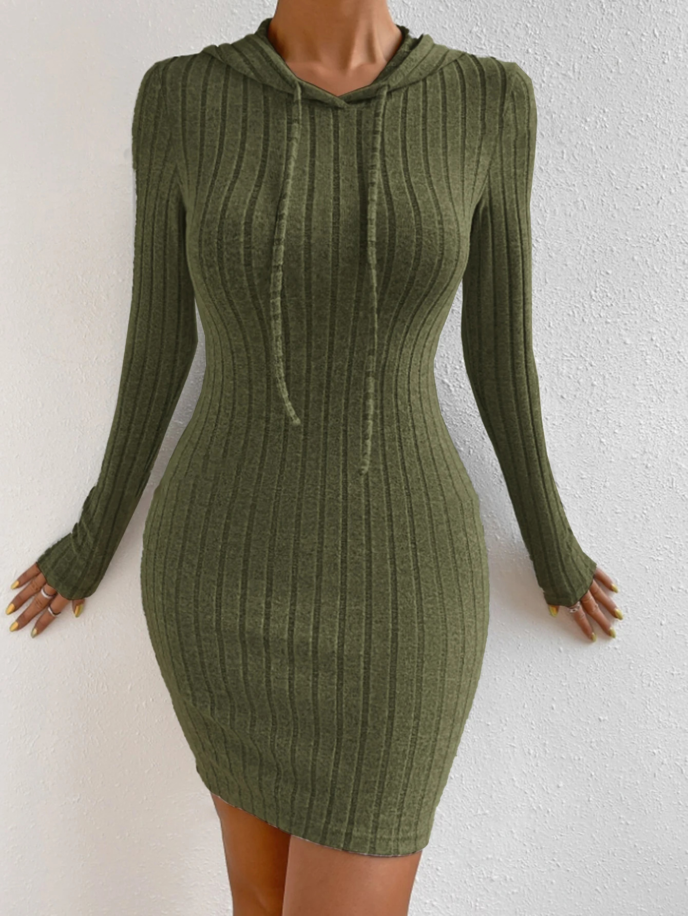 Womens Plain Hooded Drawstring Dress Casual TightFitting Long Sleeve for Spring Fall Comfortable Moderate Fabric 251027