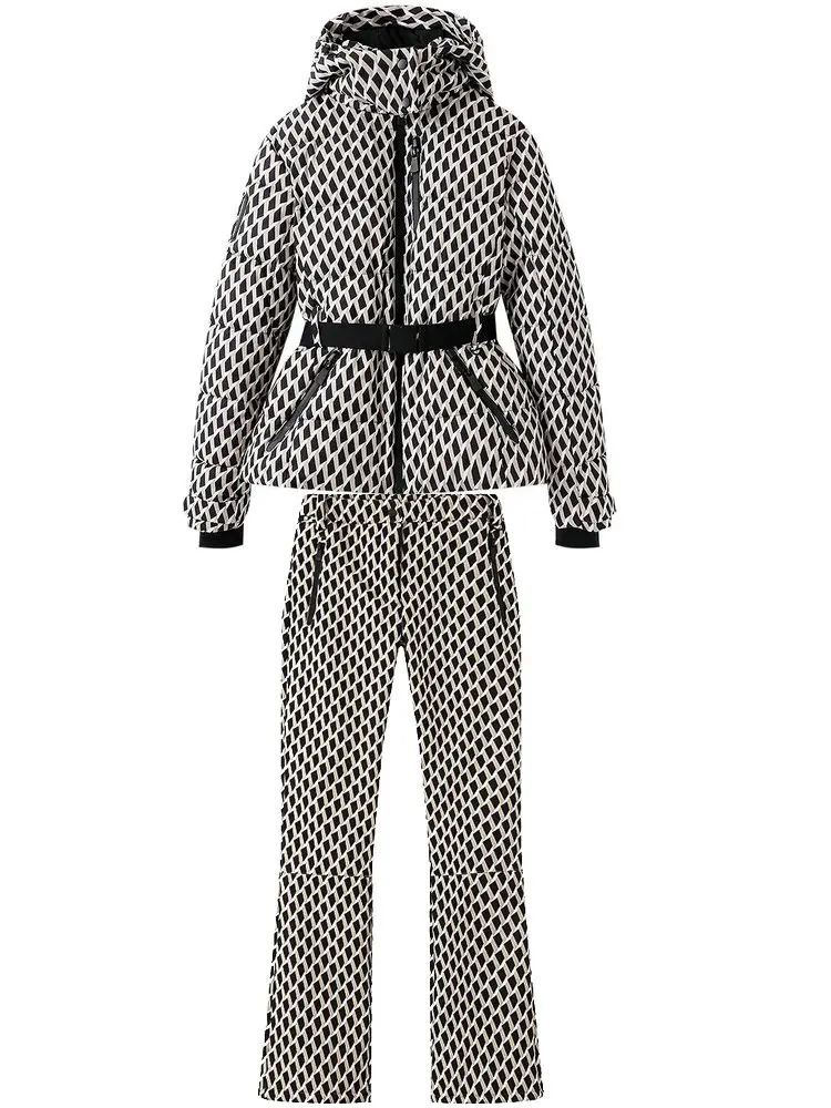 Womens Winter Hooded Padded Sport Parkas Pants 2 PCS Set Belt Female Elegant Warm Windproof Skiing Coats Jackets Trousers 251027