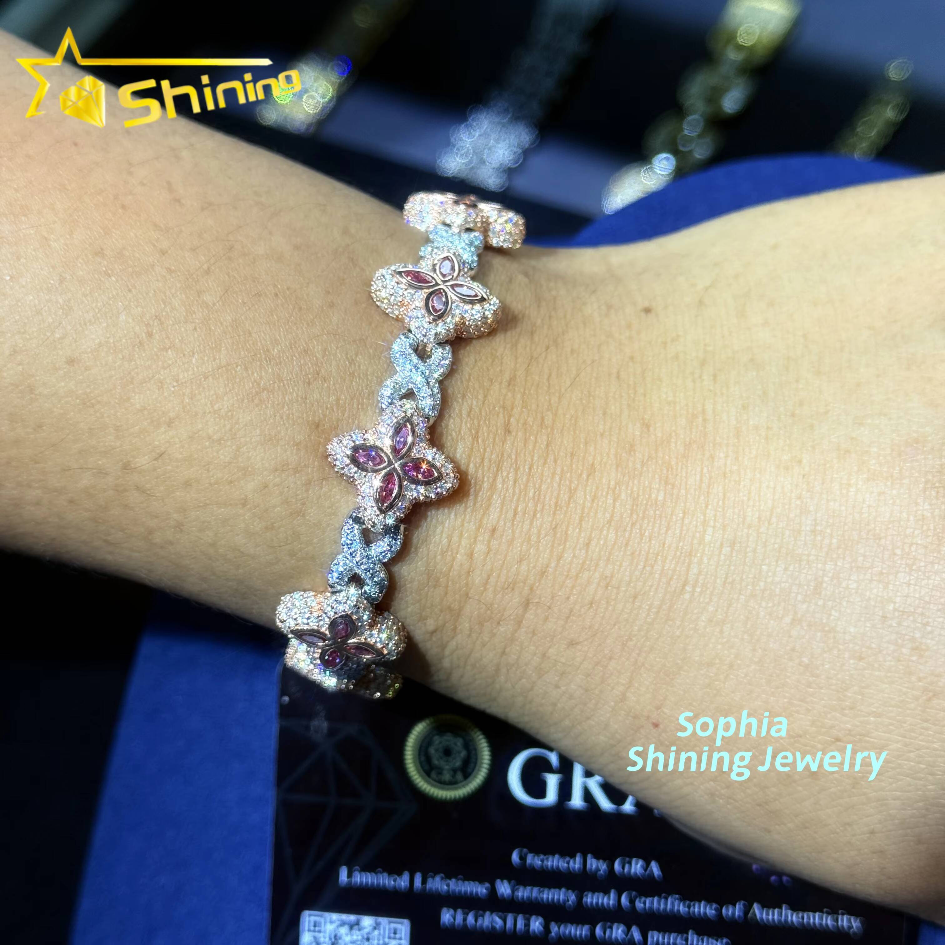 New Arrivals Fashion Jewelry 925 Sterling Silver Vvs Pink Color Moissanite Diamond Four Leaf Clover Cuban Link Tennis Bracelet