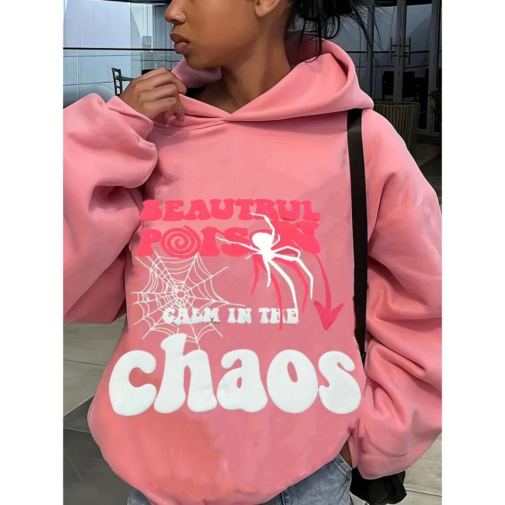 Y2k Graphic Print Hoodie For Women - Pink Geometric Pattern Pullover With "Beautiful Poison" & "Calm In The Chaos" Design, Long Sl