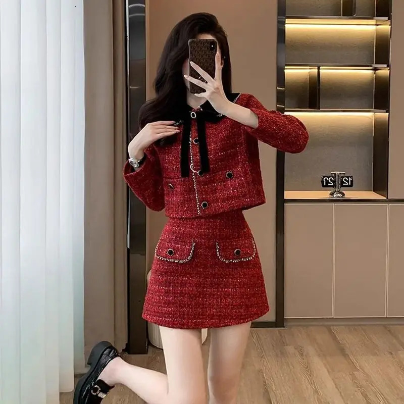 Autumn Winter Sequins Tweed 2 Piece Sets Women Spliced Long Sleeves Jackets Blazer Elegant Straight Mini Sskirt Suits 251023