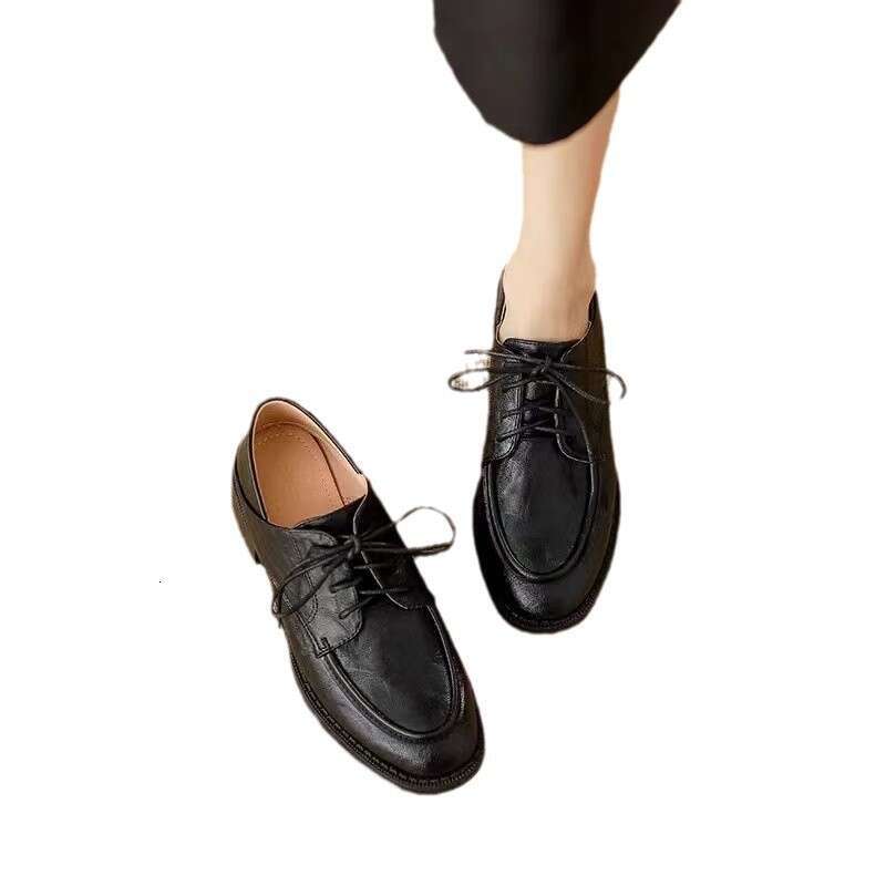 Genuine Leather Chunky Heel British Thick Sole 2024 Autumn Lace-up Black Commuter Shoes College Style Women's Loafers