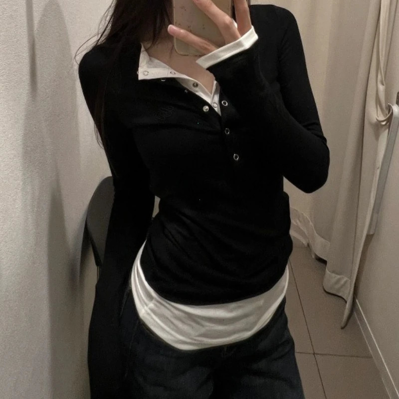 Womens Spring Autumn Long Sleeve TShirt Wear Base Shirt Spicy Girl Retro Twopiece Vneck Longsleeved Tshirt 251027