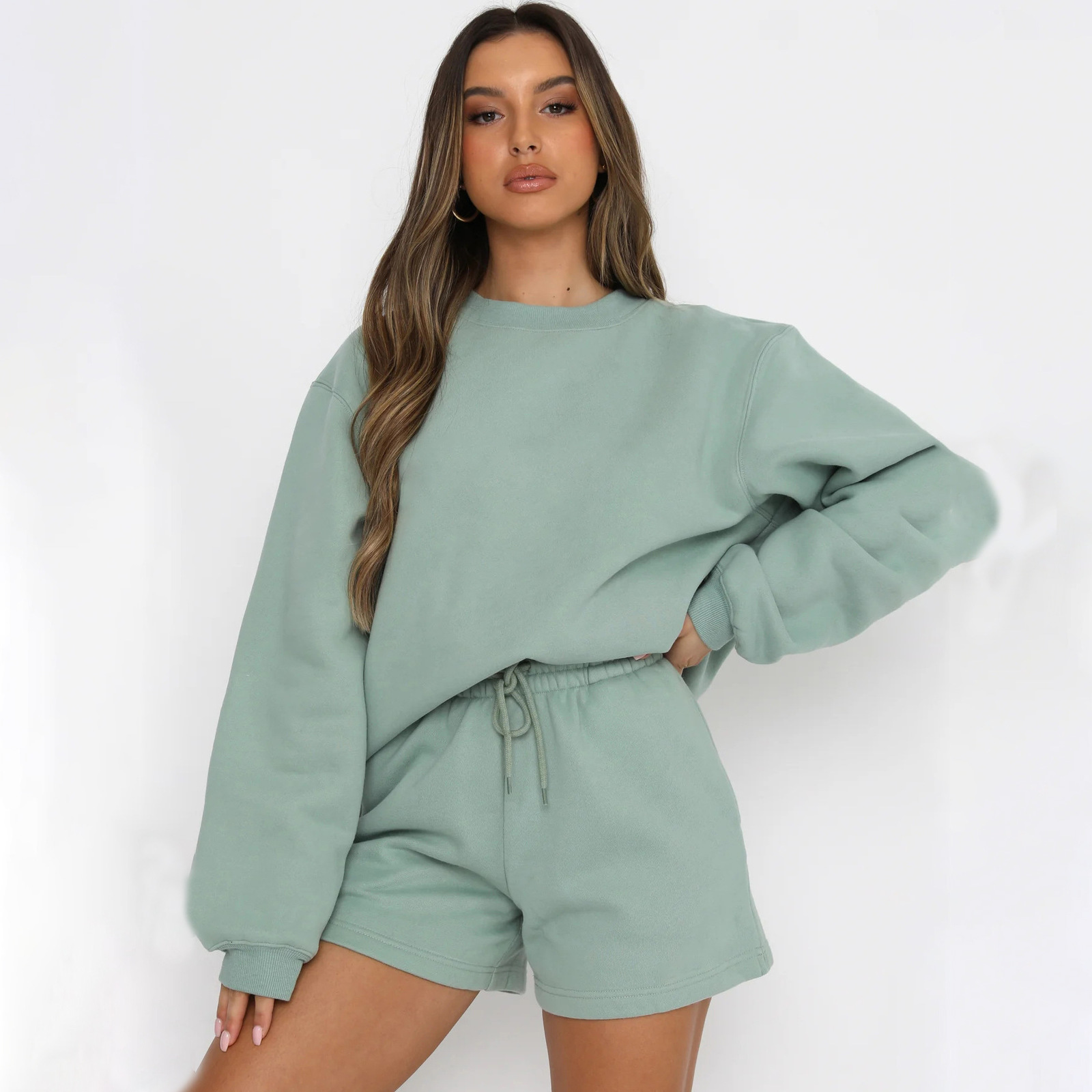 2025 Spring and Autumn Womens New Fashion Solid Color Loose Versatile Casual Round Neck Sweatshirt Shorts Set T200730