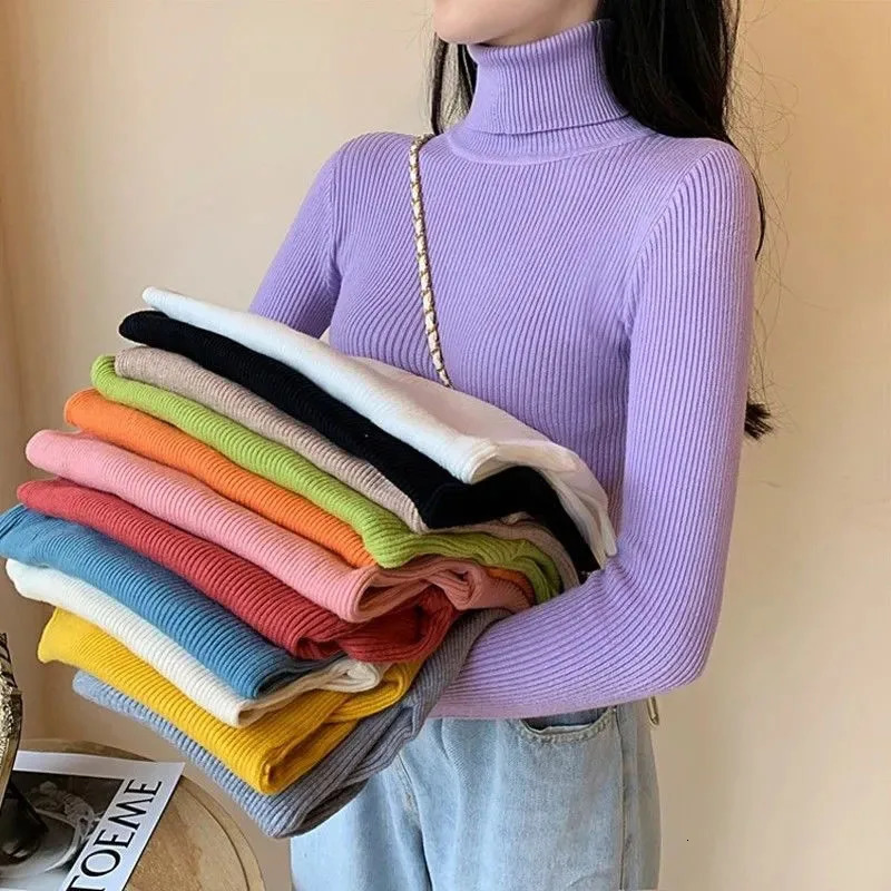 Purple Turtleneck Sweater Women Elegant Korean Slim Long Sleeve Knitted Pullover Fashion Simple Solid Casual Office Lady Jumpers 251027