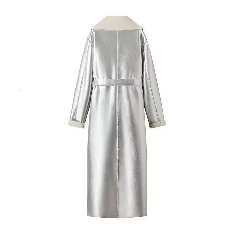 Y2K TRAF Faux Leather Coat for Women 2025 Women's Lace Up Turndown Collar New In Outerwears Ladies Casual Long Outerwear Trench