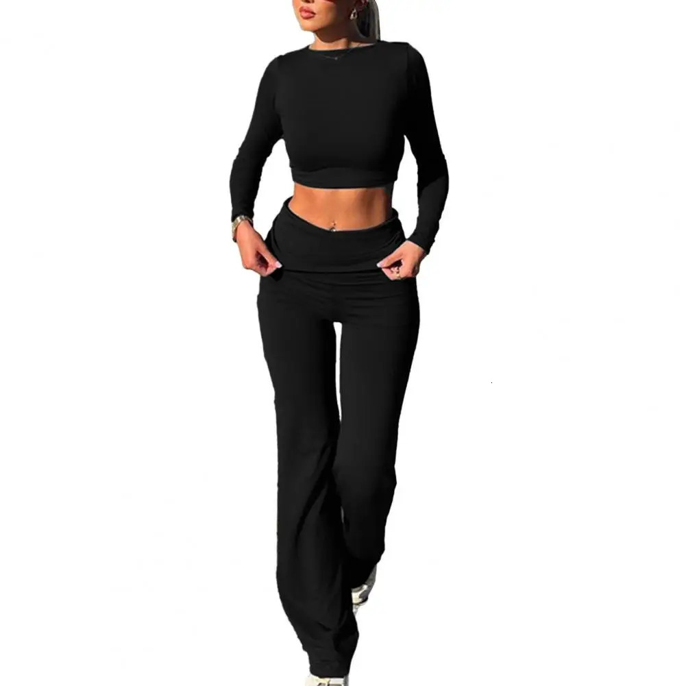 2 PcsSet Women Top Pants Set Long Sleeve Skinny High Waist Buttlifted Elastic Lady Tracksuit Tshirt Trousers Set 251027