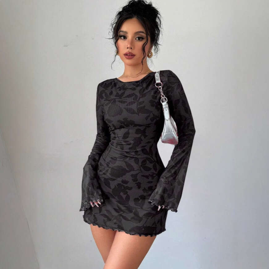 2025 Sexy Fashion New Printed Backless Elegant Flared Sleeve Short Dress