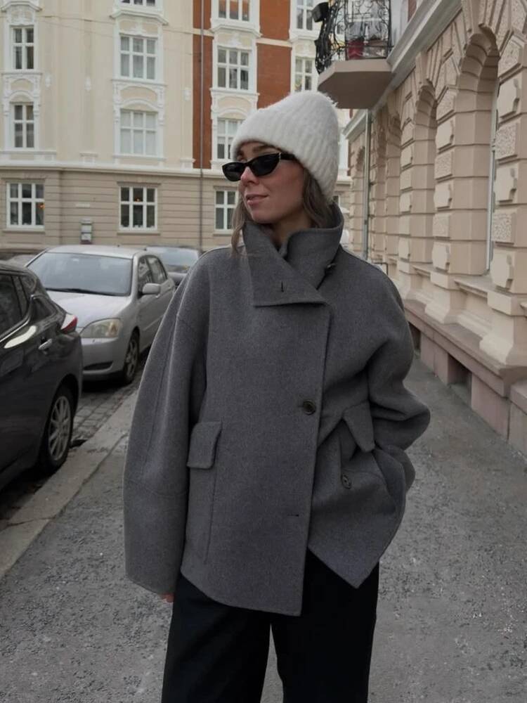 winter jacket women Retro Loose Stand Collar Tweed Coat Women Fashion Casual Gray Single Breasted Short Coats Female 2025 Autumn Chic Street Outwear