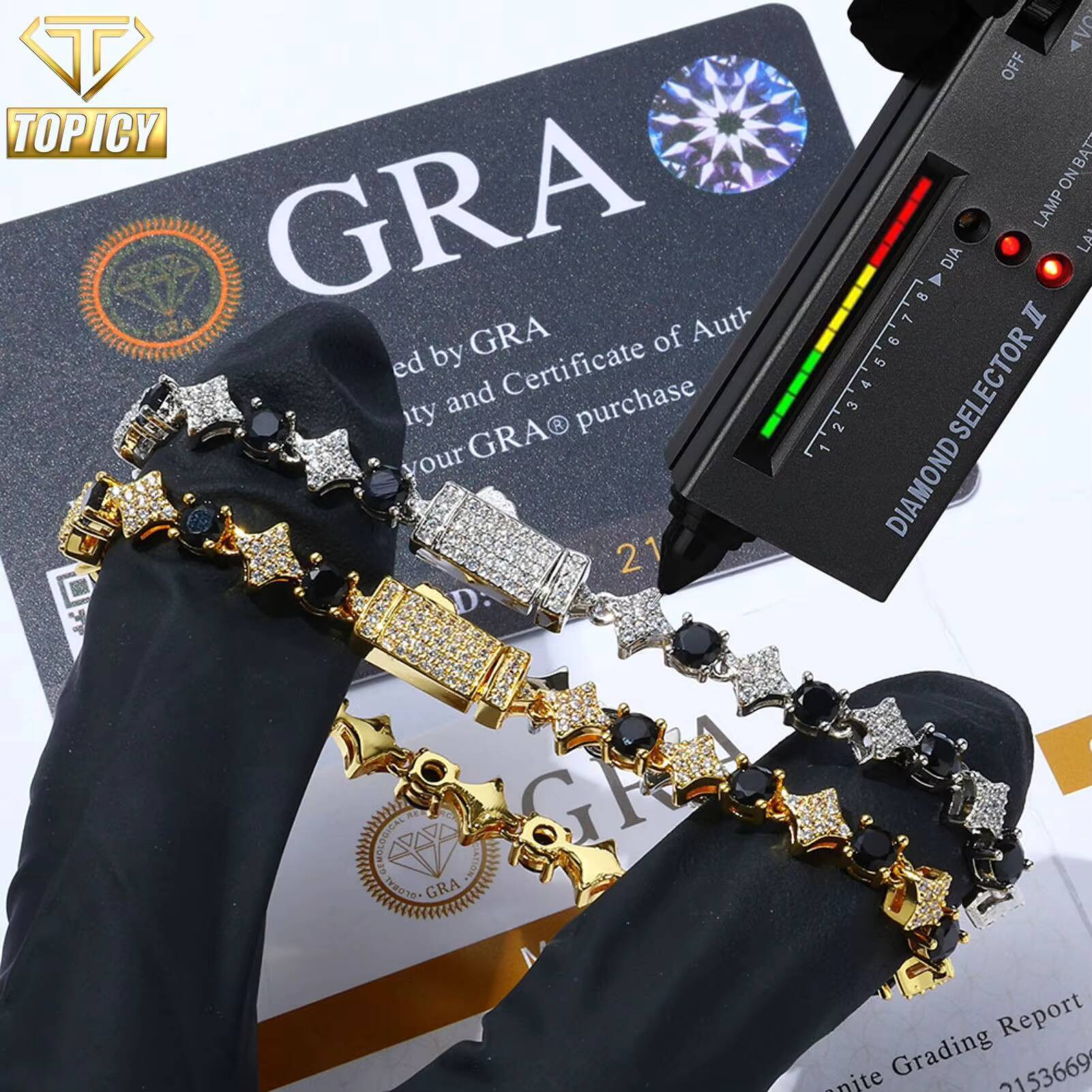 Exquisite 6mm 925 Silver Sparkling VVS D Moissanite Cross Star Bracelet White Black Diamond Secure Moissanite Bracelets Bangles