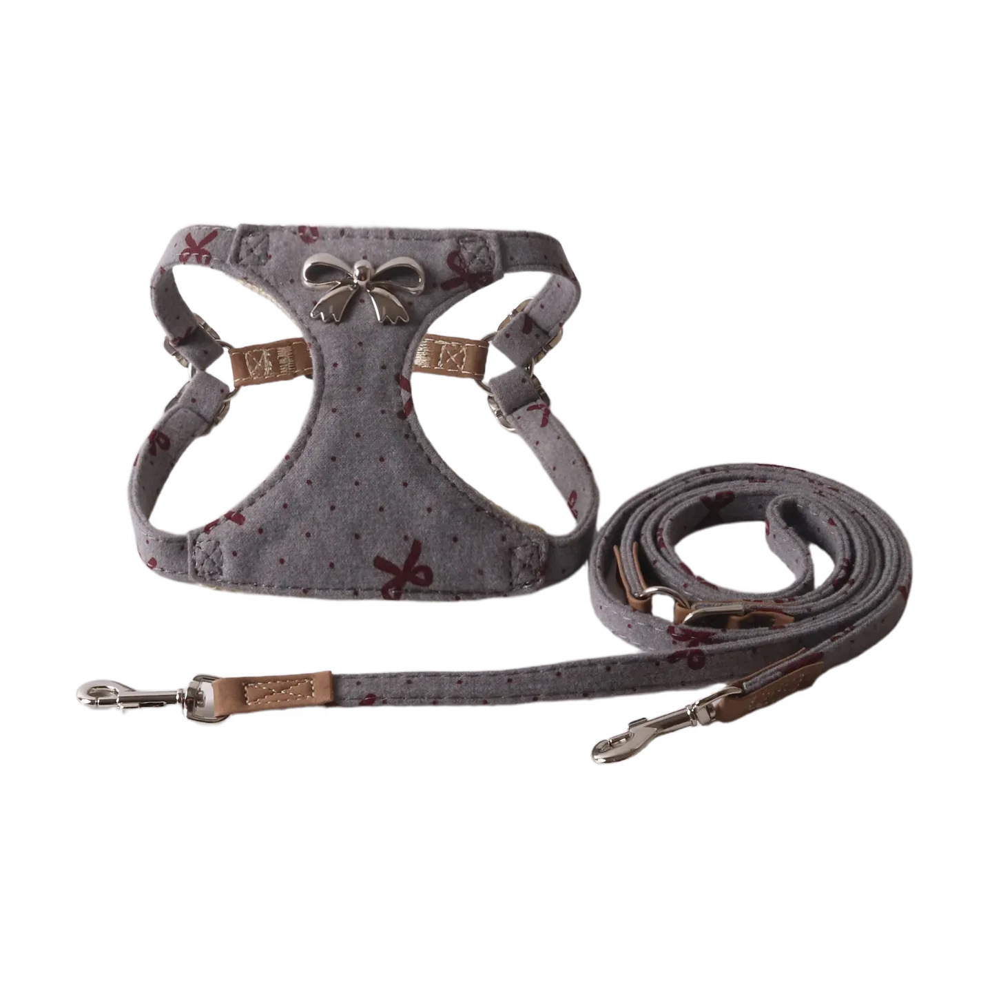 Fashionable Denim Pet Harness and Leather Set with Metal Bow Details - Adjustable Walking Vest, Suitable for pet walking sets for Small Medium Dogs B1