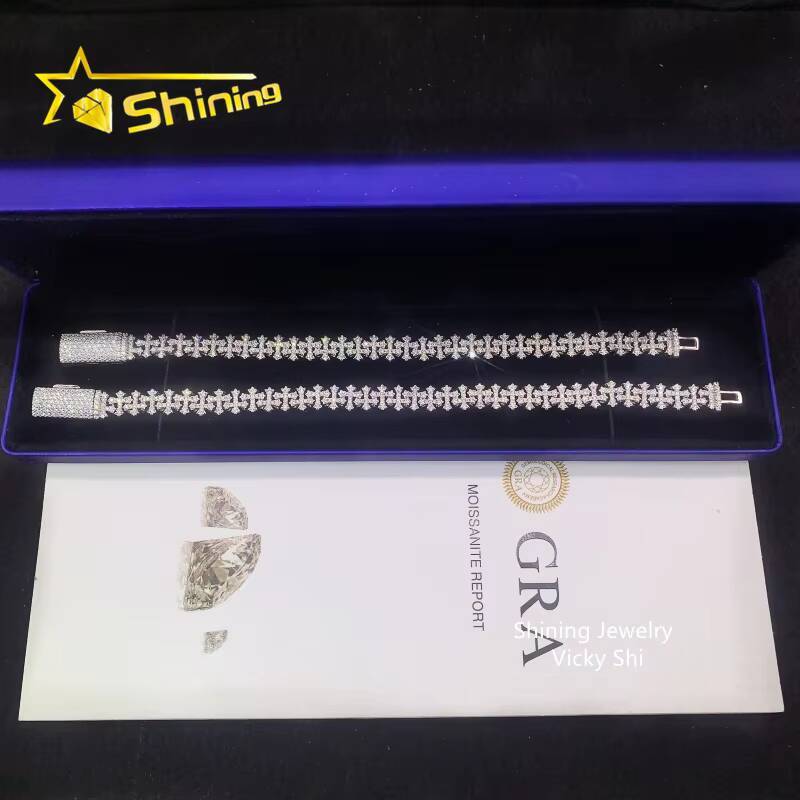 Fine Jewelry Hip Hop Iced 8mm Moissanite Cross Bracelet Pass Tester 925 Silver VVS Moissanite Diamond Cuban Link Chain