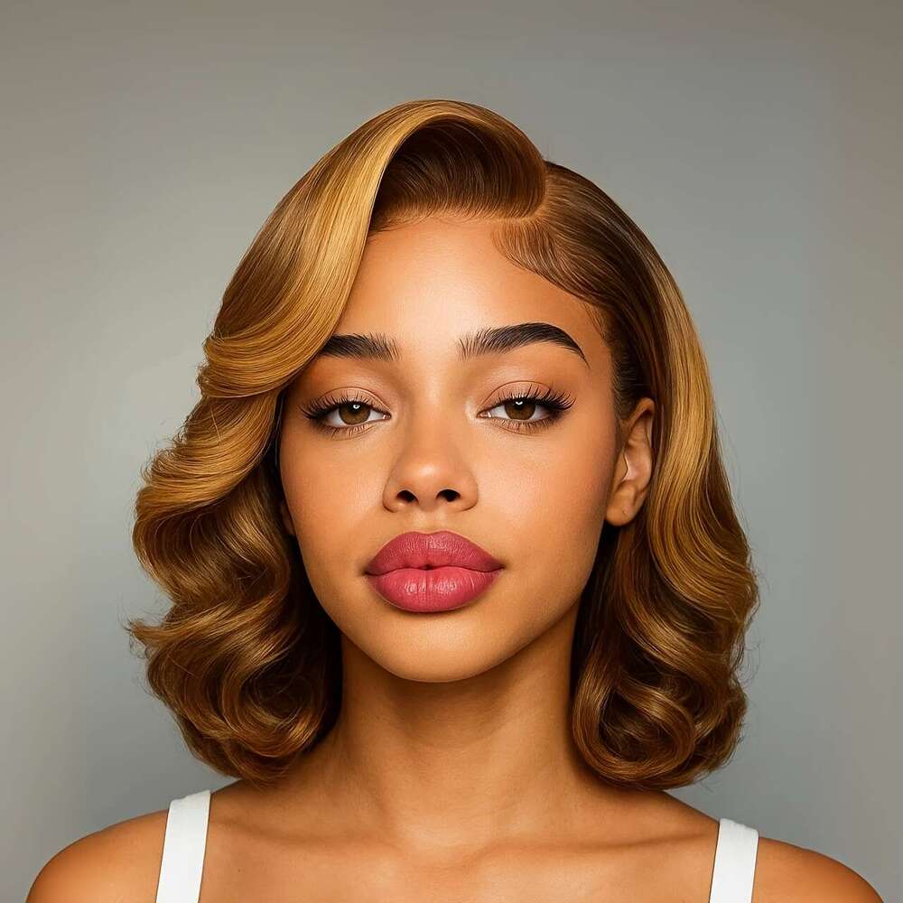 Women's Honey Ombre Bob Natural Roots Ends, Brazilian Human Hair Lace Wig With Pre-Plucked Front Baby Hair, 13X4 HD Density, Gradient, Loose Wave