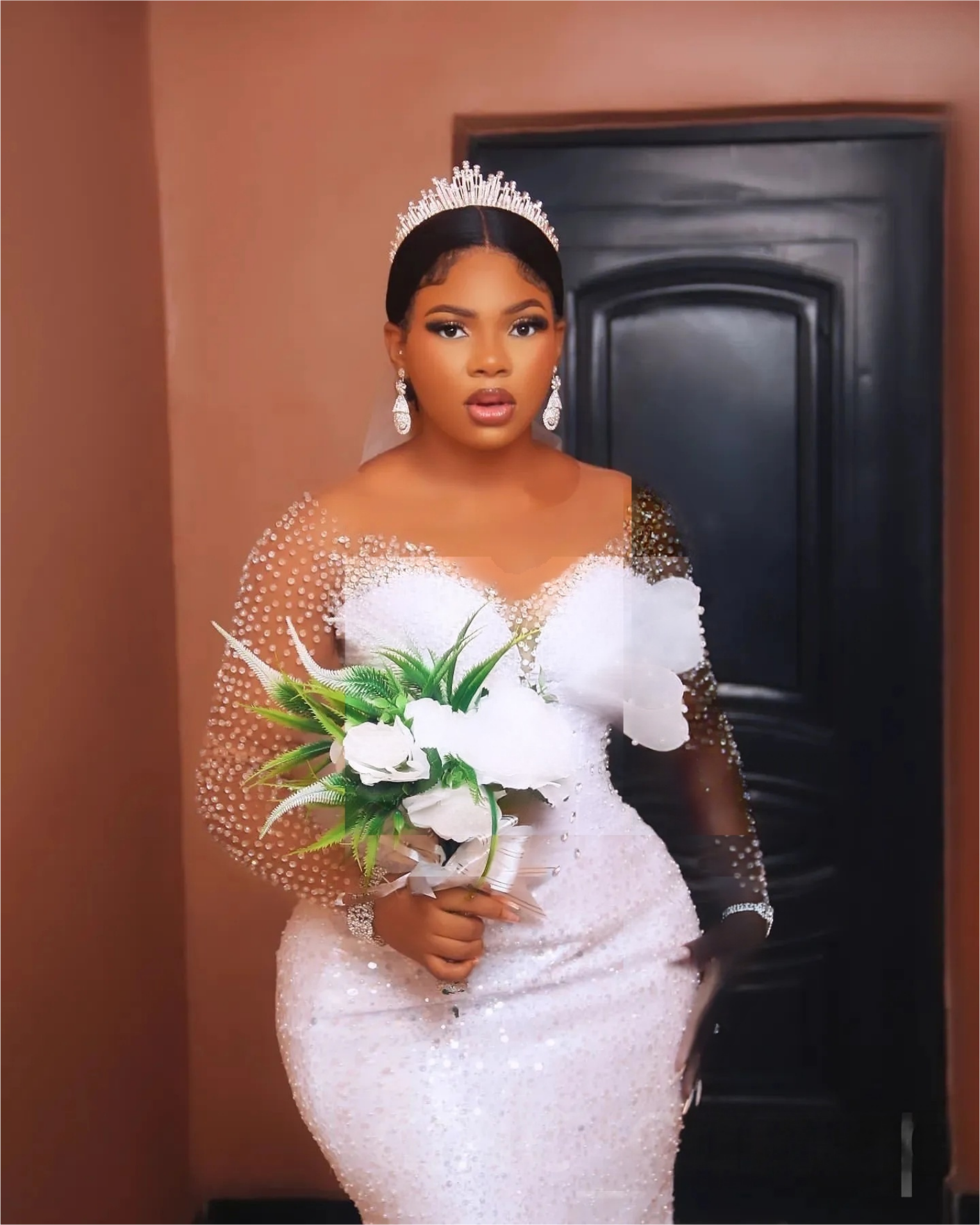 Aso Ebi Plus Size White Mermaid Wedding Dress with Beaded Crystals and Sequined Luxurious Bridal Gowns