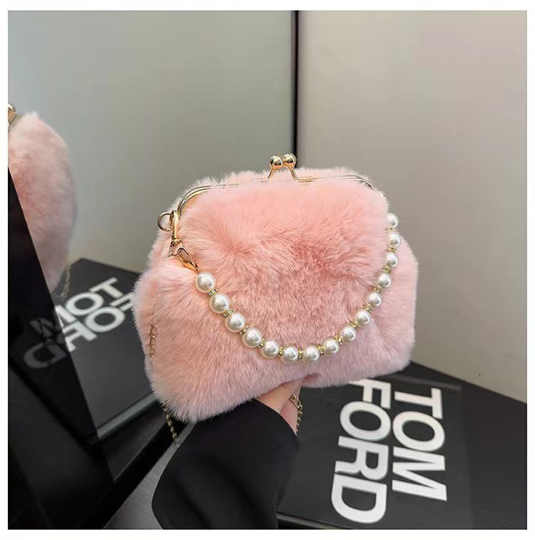 New Autumn Winter Pearl High-End Handbag Shell Plush Chain Single Shoulder Crossbody Women's Bag