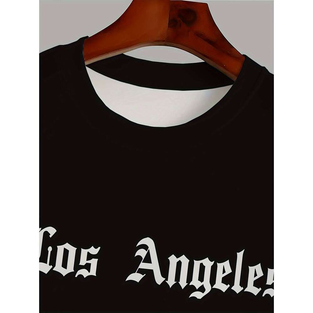 Men's Casual Long Sleeve T-Shirt With Los Angeles Graphic Print - Black & White Gothic Lettering, Round Neck, Hine Washable, Autumn Winter Fashio