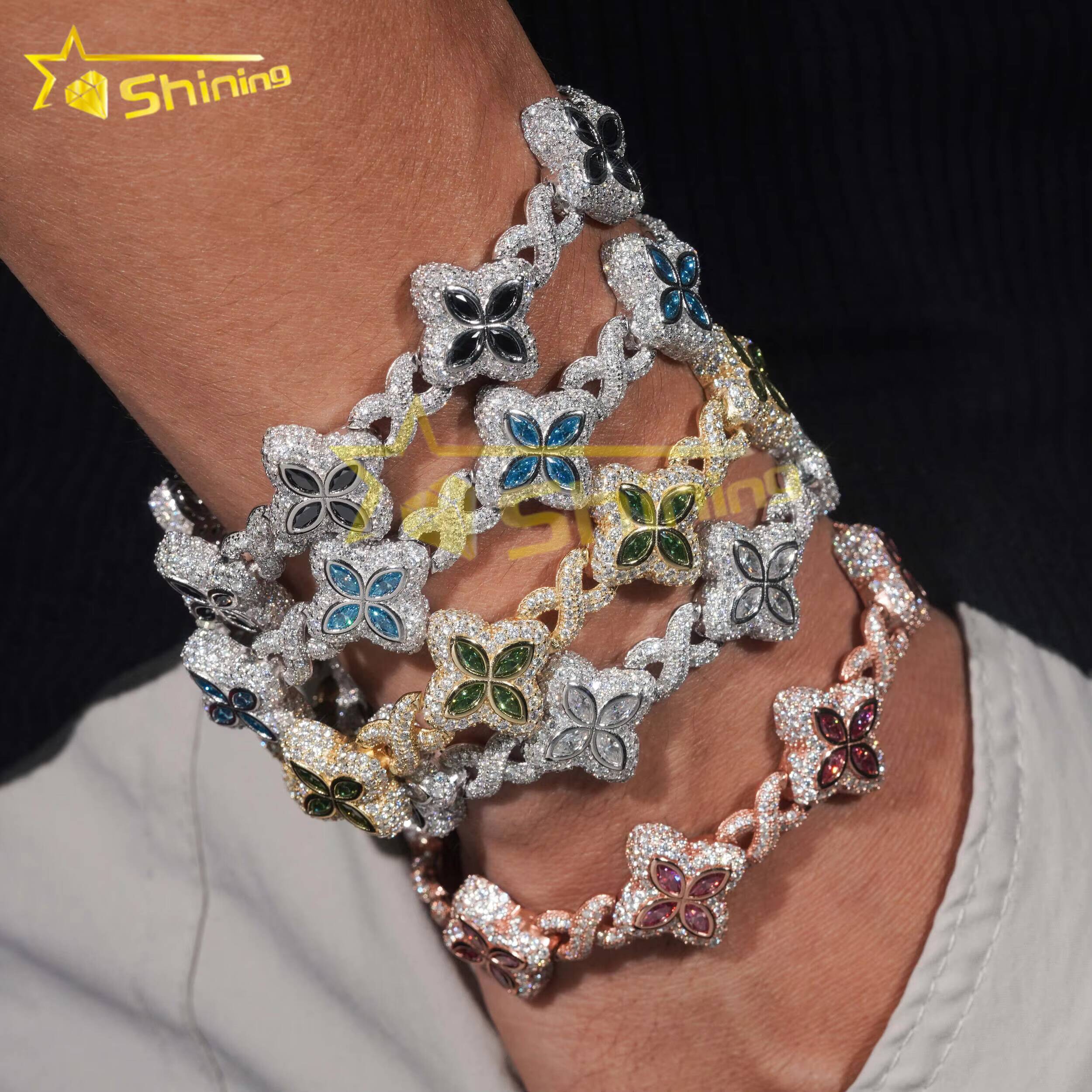 Hot Style Fashion Cuban Bracelet Sterling Silver 925 Colorful Moissanite Luxury Cuban Link Chain Hip Hop Jewelry