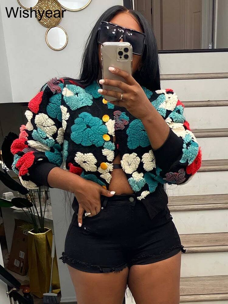 winter jacket women Streetwear Winter Warm Thick 3D Flowers Patchwork Jacket Women Puff Long Sleeve Single-breasted Baseball Coats Vintage Outwear