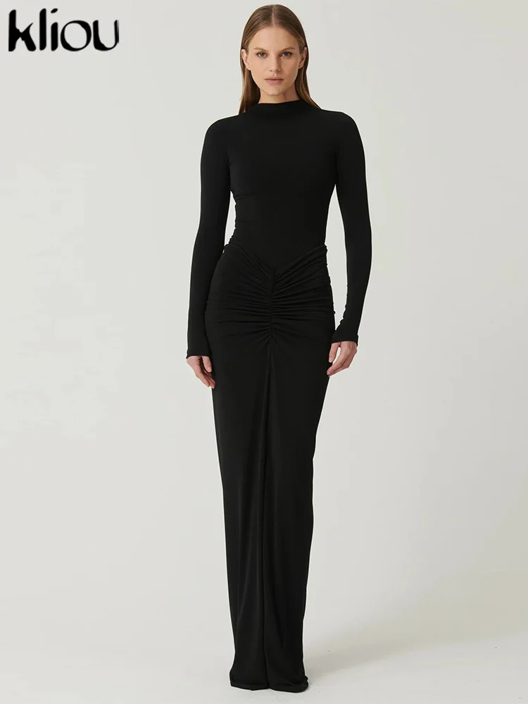 kliou Shirring Women Classic Maxi Dress Autumn Solid Long Sleeve High Collar Bodyshaping Vestidos Mujer Concise Trend Robe 251027