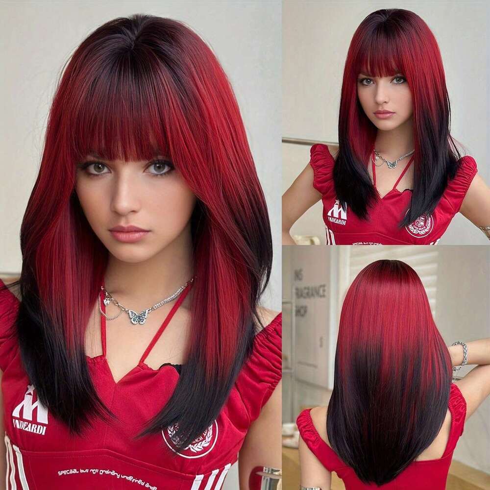 NAMM Women's Long Straight Dark Roots Synthetic Fiber Wig With Bangs Ends Brown Base, Comfortable Rose Net Cap, Pre-Styled Loose Layered Cosplay,