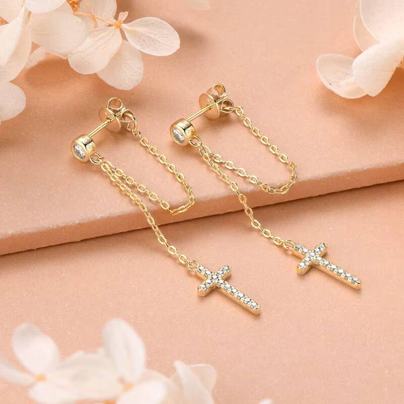 3mm Moissanite Earring 18K Gold Plated 925 Sterling Silver Link Chain Dangle Moissanite Cross Drop Stud Earrings