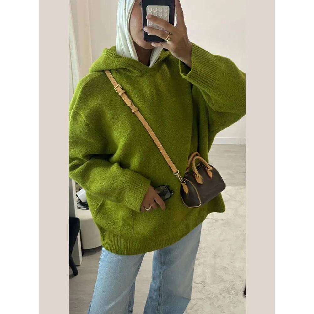 Soft Solid Knit Hooded Loose Sweater Slouchy Long Sleeve Drop Shoulder Pocketed 2025 Autumn Cozy Women Top Casual Lady Jumper Women Sweater Designer S