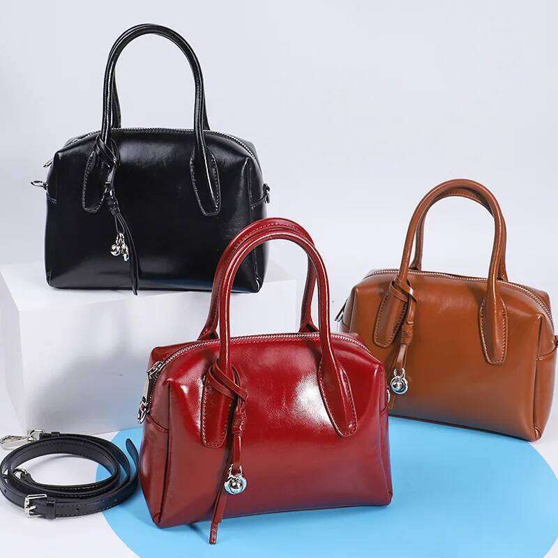 Women's Bowling Cowhide Leather Design Women Handbag Woven Shoulder Crossbody Ladies Commuter Shopping Boston Bag