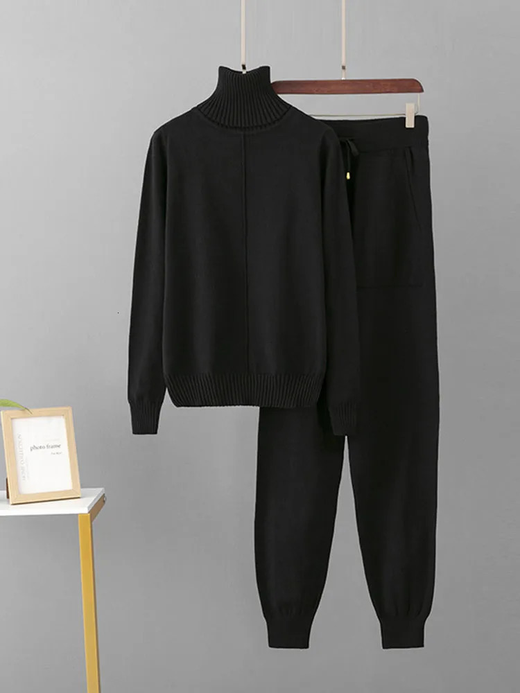 Candy Color Knitted 2 Piece Sets Women Turtleneck Knitwears Sweater Pullover Tops Conjuntos High Waist Casual Harem Pants Outfit 251013