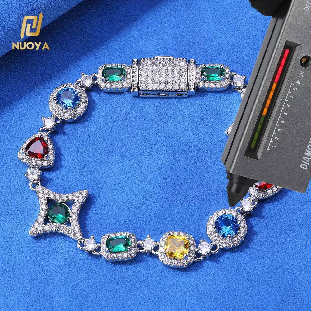 NUOYA New Arrival 925 Silver Geometry Link Bracelet Colorful Zircon Chain VVS Moissanite Womens Hip Hop Jewelry