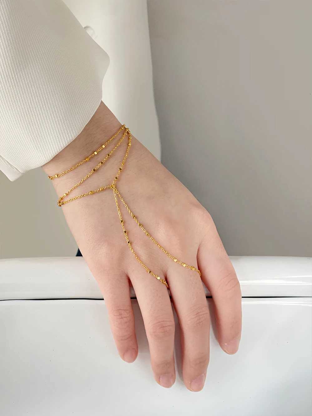 PersBox Exquisite Gold Color Bead Chain Finger To Wrist Bracet Vintage Adjustab Wrap Around Slave Bracet Layering JewryW251027