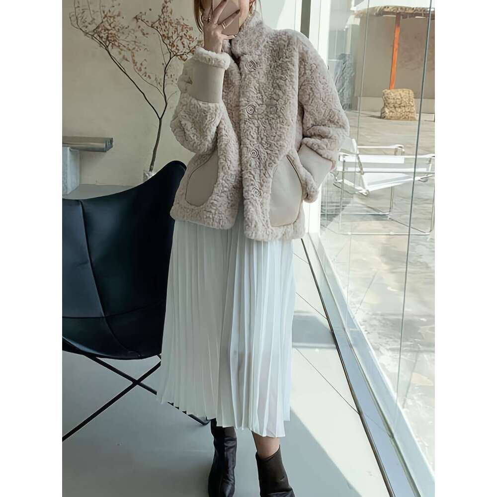 Women's Elegant Faux Fur Jacket - Thickened Long Sleeve Outerwear With Button Front, Chest Pockets & Adjustable Cuffs, Solid Color Regular Fit Fo