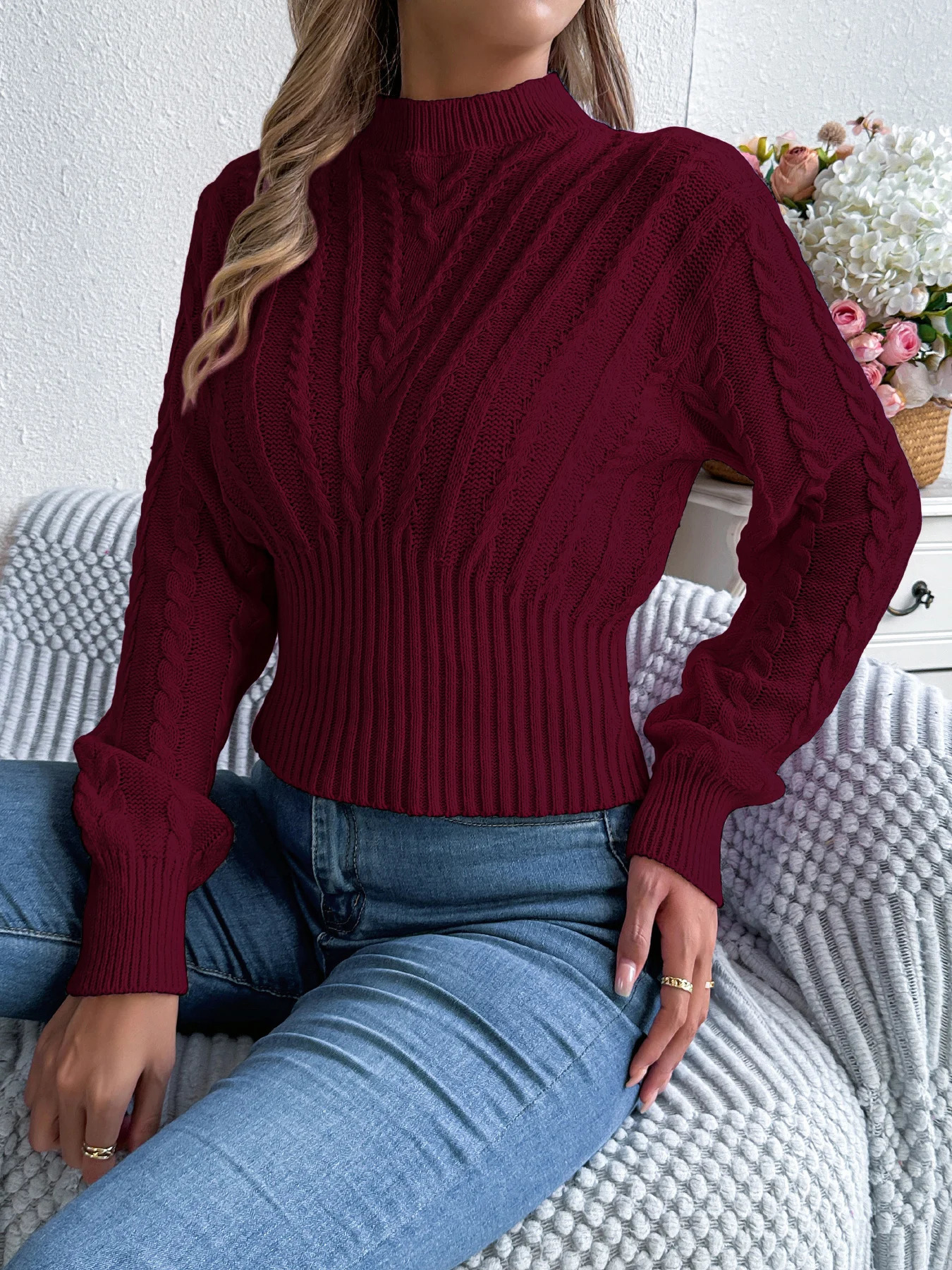 Womens Solid Color Twist Knitted Sweaters 2025 Autumn Winter Casual Mock Neck Waist Cinching Lantern Long Sleeve Pullover Pink 251027