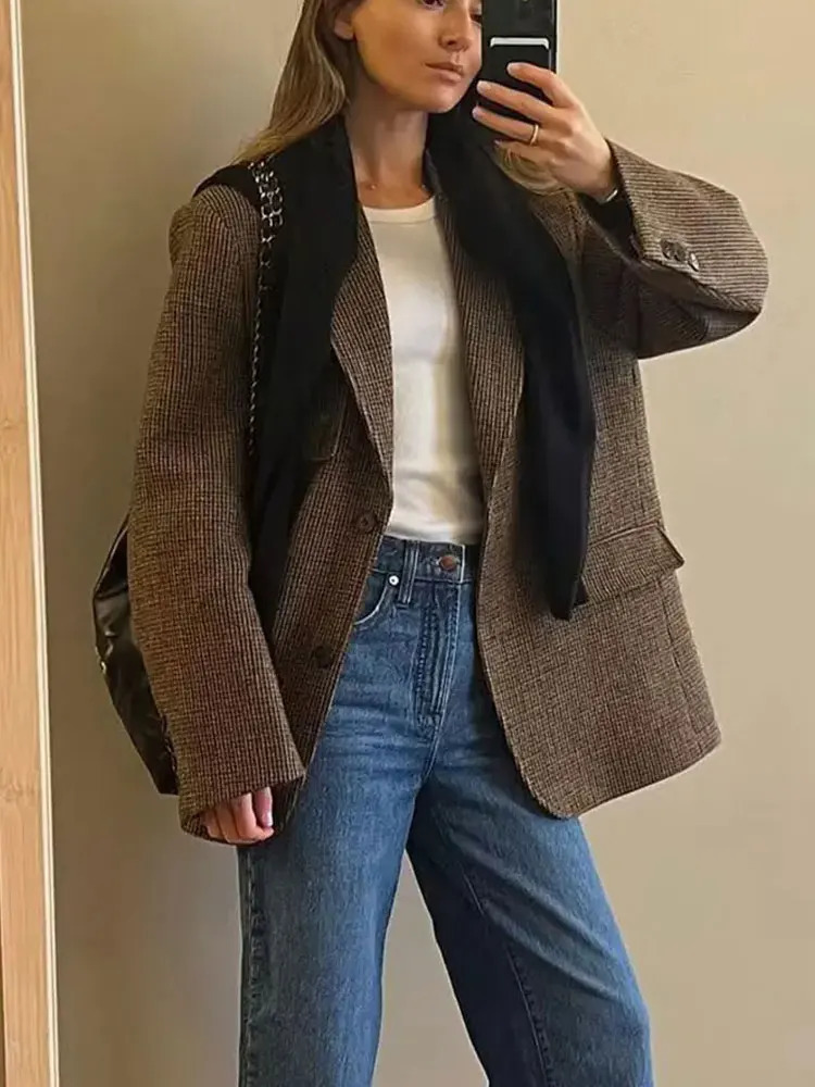Vintage Womens Houndstooth Blazer Singlebreasted Suit Coat Spring Lady Office Commute Woman Outerwear Streetwear 251027