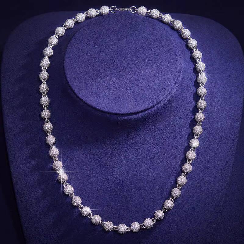 10mm 925 Sterling Silver Iced Out Ball Link Chain Men Hip Hop Bling Ball Cubic Moissanite Ball Chain Necklace