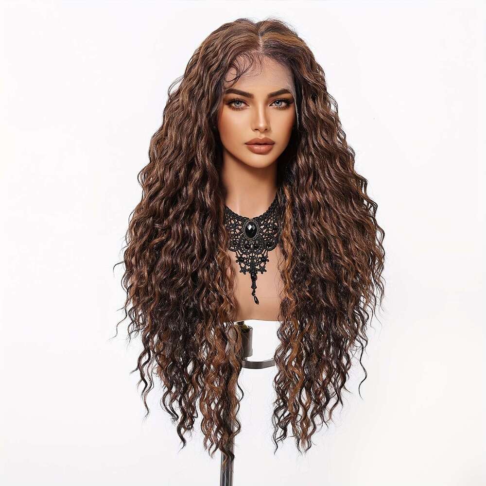 13X6 HD Transparent Front 26Inch Highlight Brown Curly Wave Synthetic Glueless Lace Wig High Temperature Chemical Fiber Daily Wear&Christmas&Music
