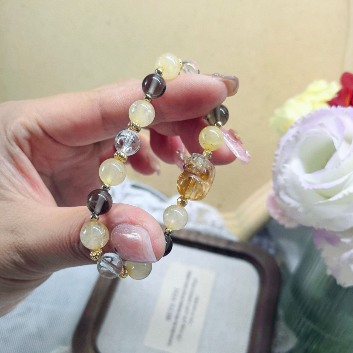 Golden Tourmaline Beaded Bracelet with Yellow Tower Crystal Pigs and Tea Quartz White Jade