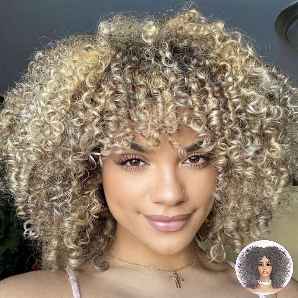 14" Afro Kinky Curly Bob Heat Resistant Synthetic Hair, Middle Part, Perfect For Wear, Cosplay, Or Party - Stylish & Eye-Catching Design, Daily W