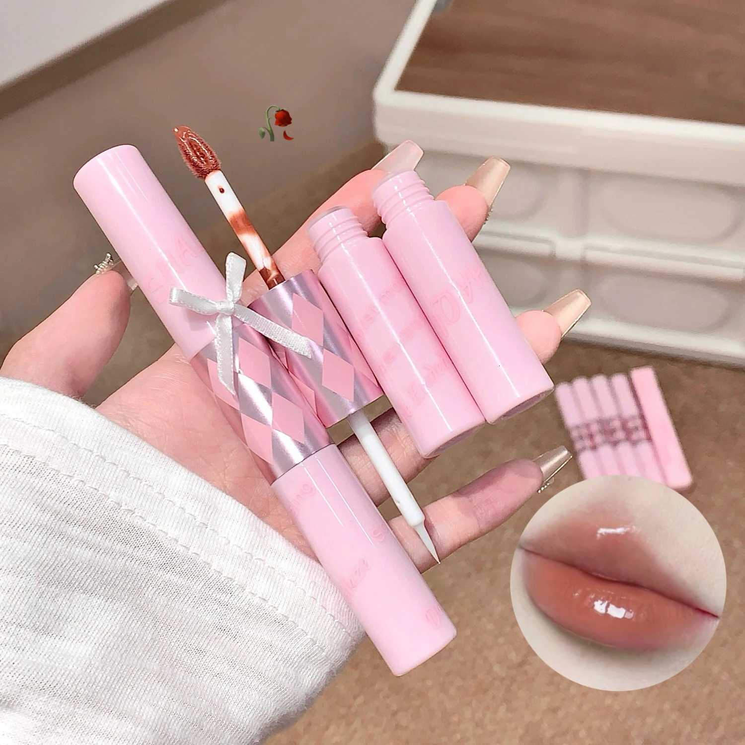 SHAQINUO Sexy Red Matte Lip Glaze Double Head Mirror Lipstick Moisturizing Water Gloss Lip Oil Nonstick Cup Korean Lip Make Up W251027