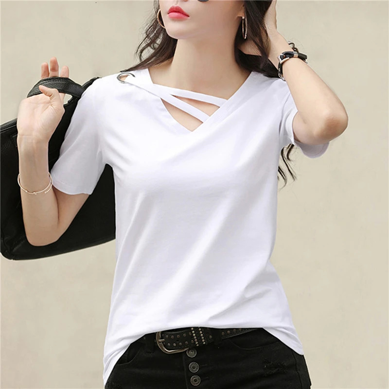 BIGSWEETY Womens Short Sleeve White Tshirt Womens Vneck Loose Korean Black Blouse Casual Ins Tshirt Sweater 251027